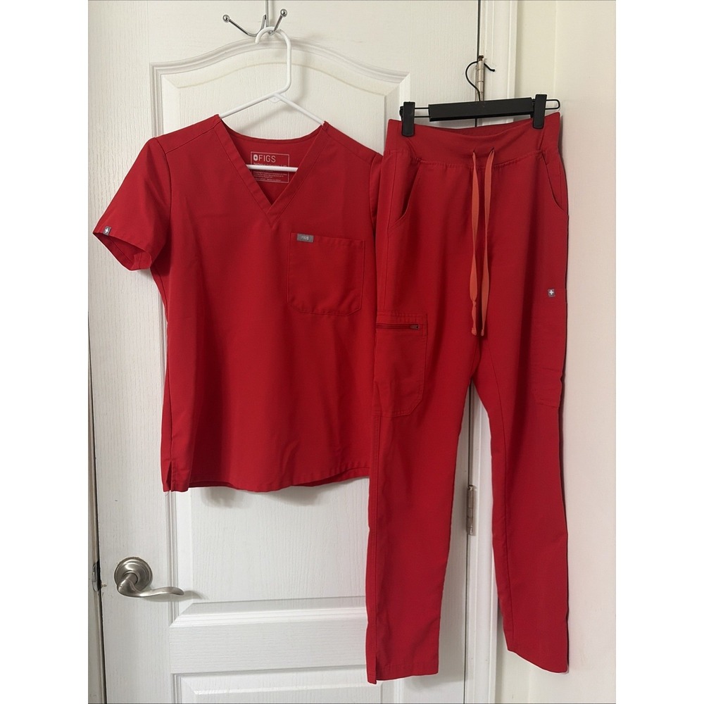 FIGS Scarlet Red Scrub Set XS Katarina Top + Yola High Rise Pants PO 3684